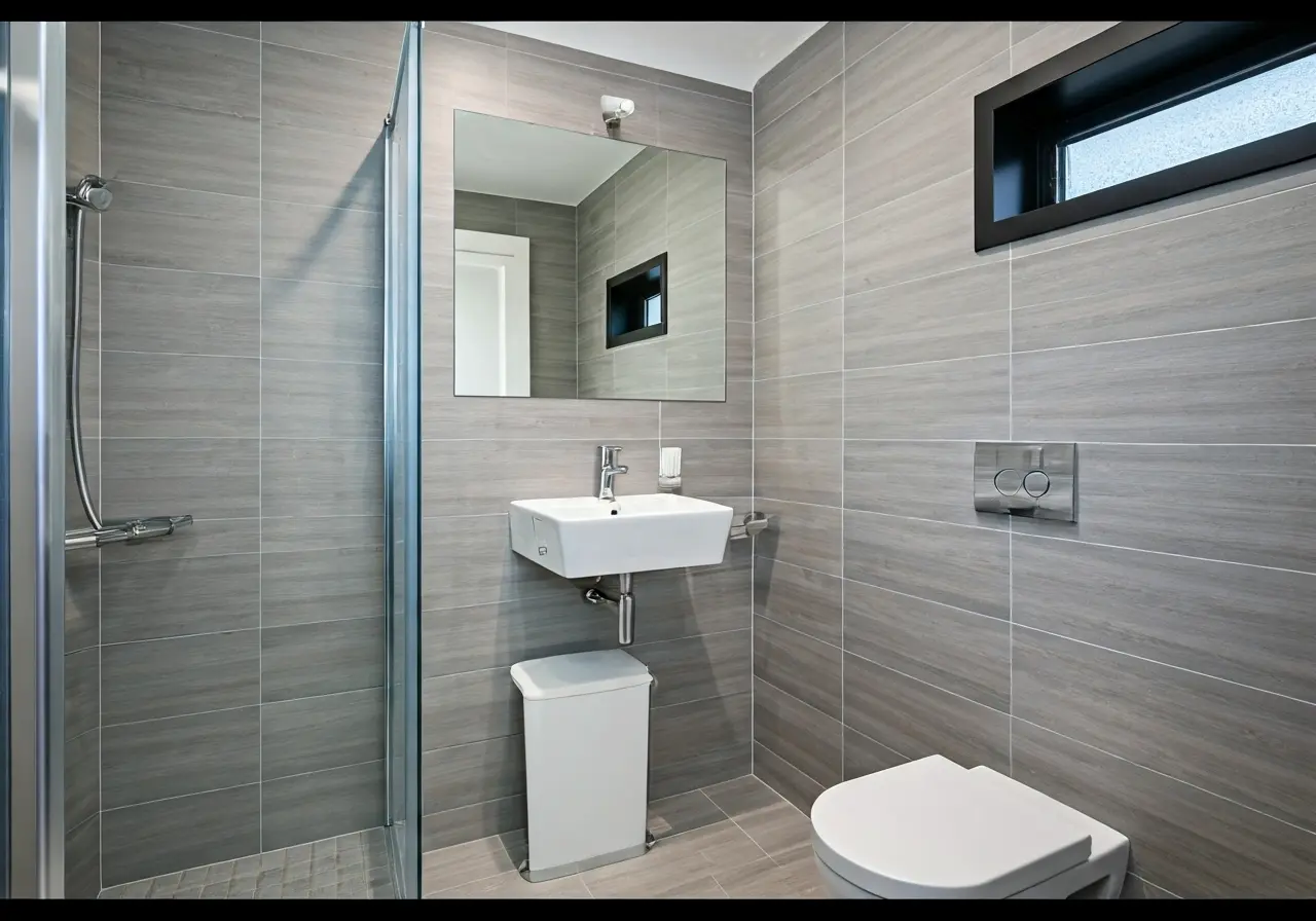 A modern bathroom with sleek fixtures and light gray tiles. 35mm stock photo