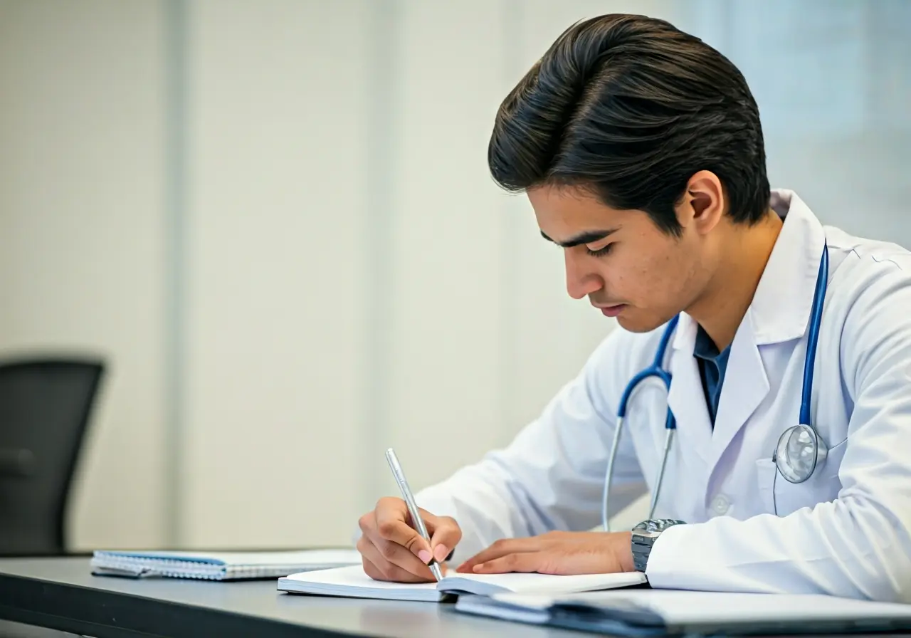 A focused student taking notes in a medical classroom setting. 35mm stock photo