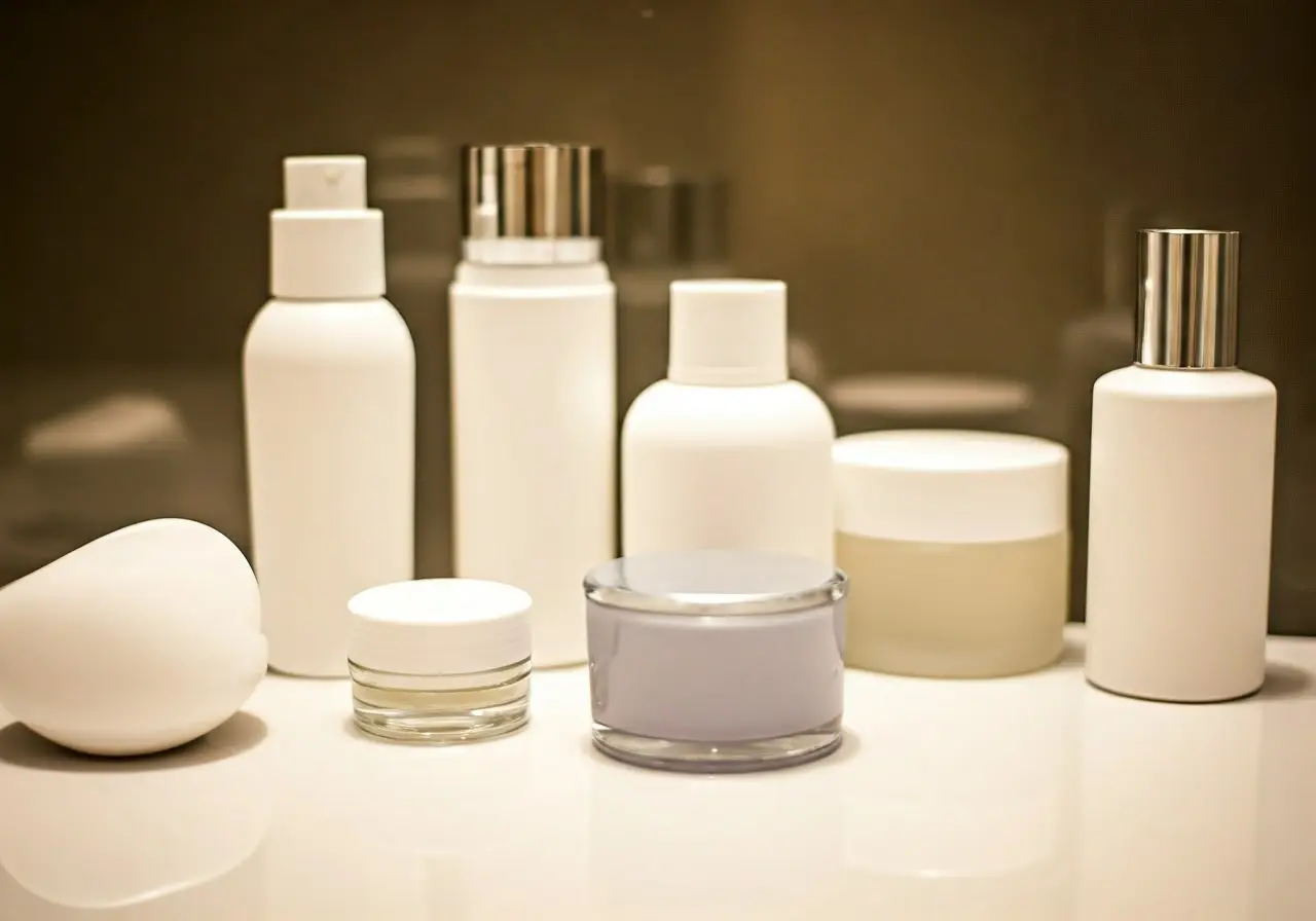 A variety of skincare products arranged on a bathroom counter. 35mm stock photo