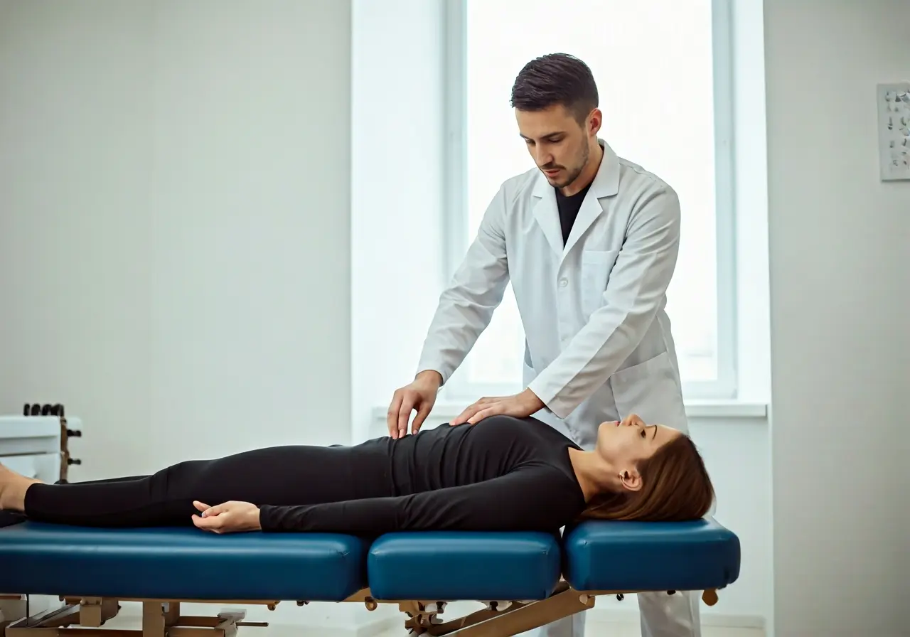 A chiropractor adjusting a patient&rsquo;s spine in a bright clinic. 35mm stock photo