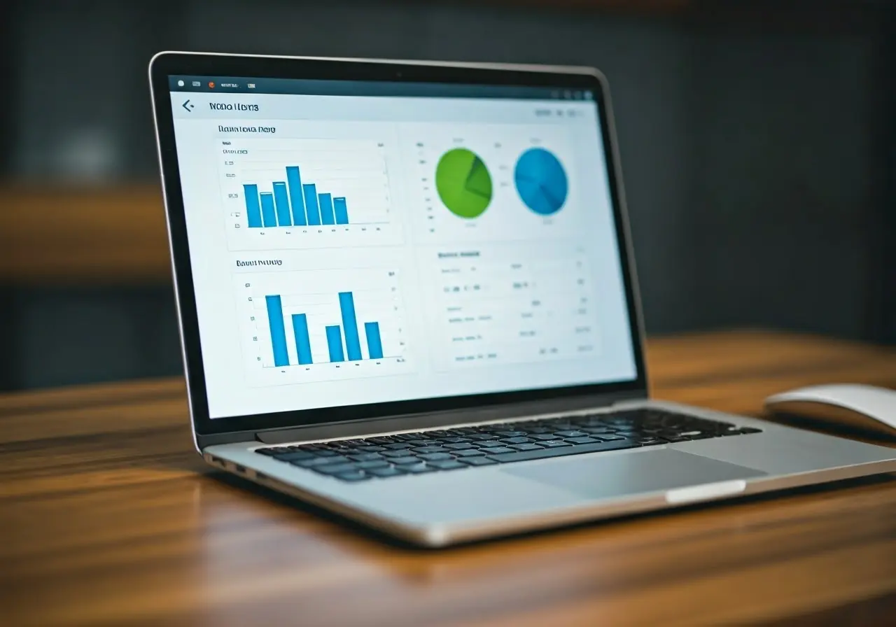 A sleek laptop displaying an analytics dashboard on a desk. 35mm stock photo