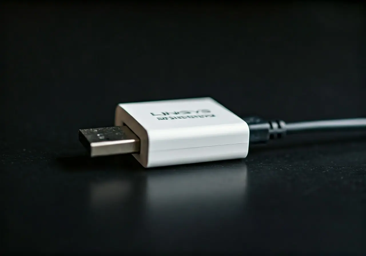 A close-up of a sleek Linksys WUSB6100M adapter plugged in. 35mm stock photo