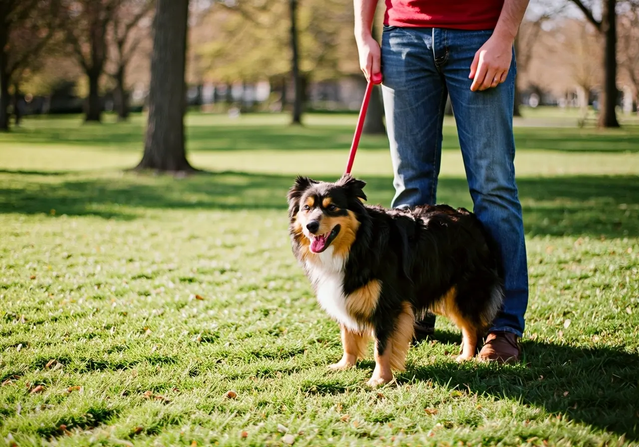 A playful dog and owner in a sunny Madison park. 35mm stock photo