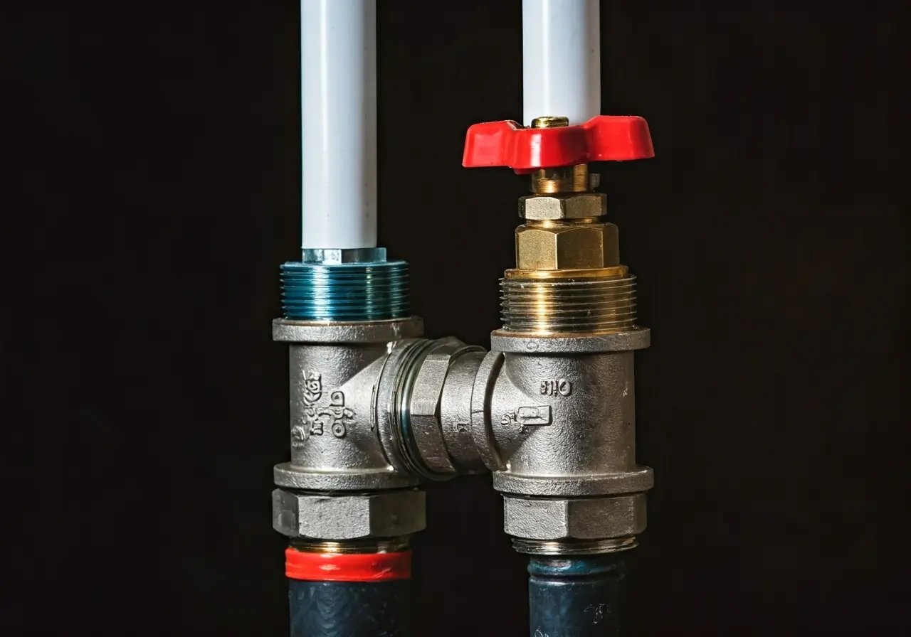 Close-up of a backflow preventer installed in a home plumbing system. 35mm stock photo