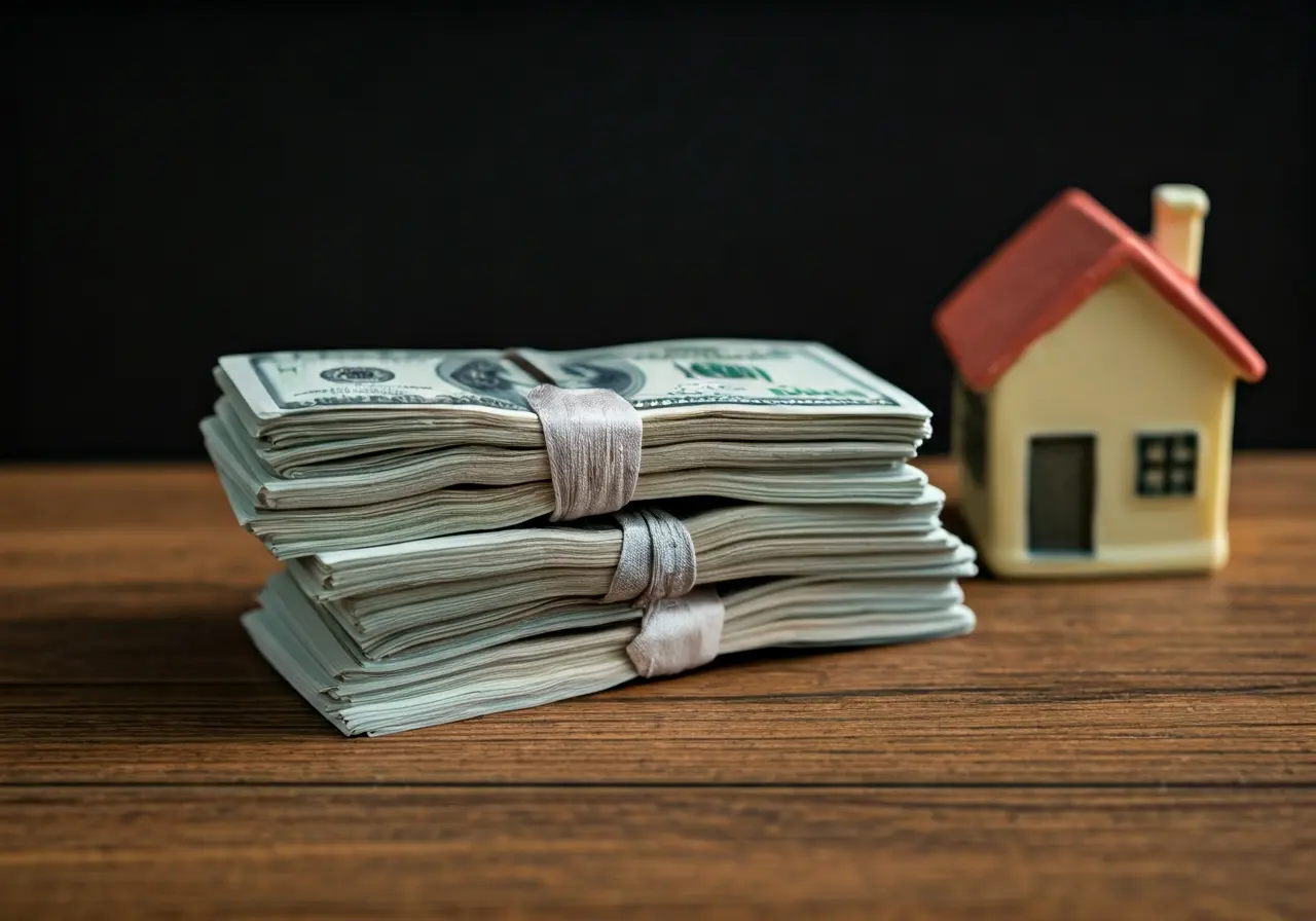 A pile of cash next to a miniature house model. 35mm stock photo