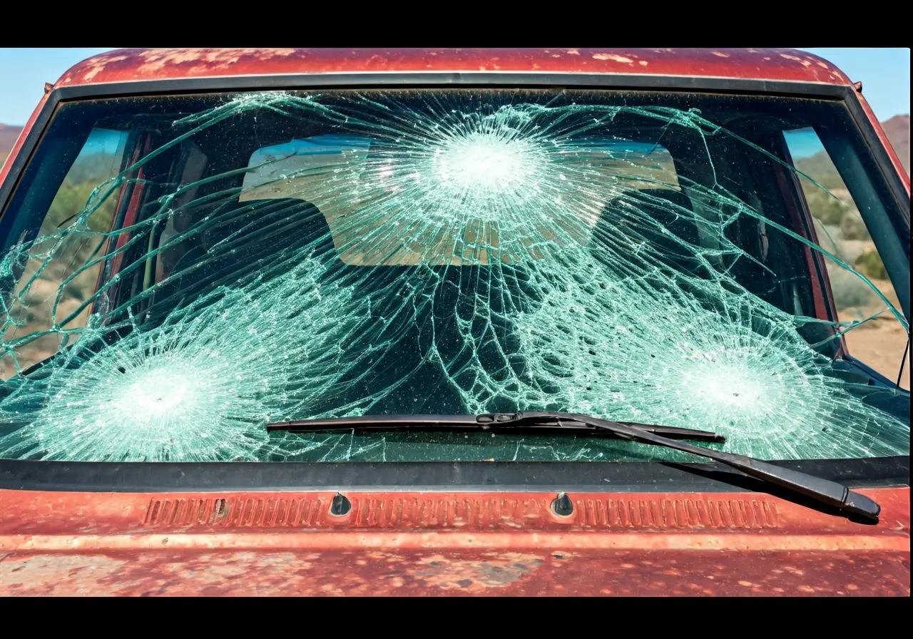 A broken car windshield with Scottsdale desert backdrop. 35mm stock photo