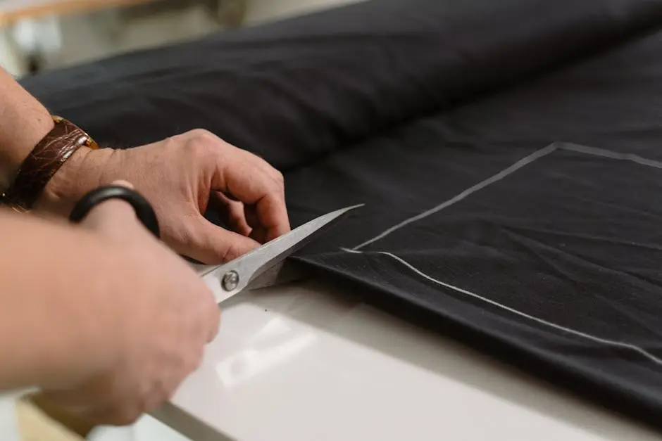 Close-up of a tailor’s hand cutting black fabric with scissors, highlighting craftsmanship.