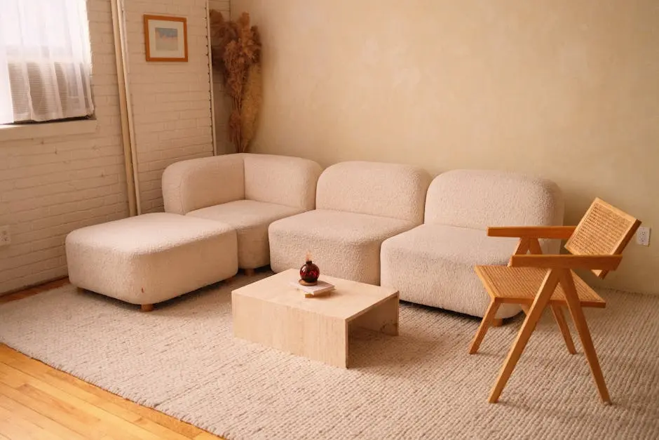 A cozy minimalist living room featuring a plush sofa and contemporary wooden chair.