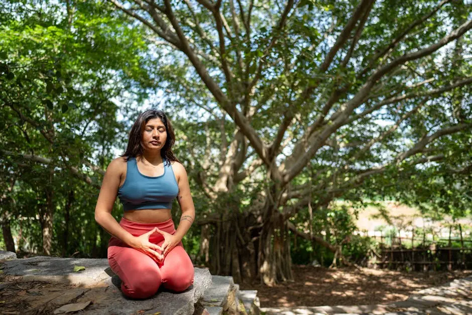 A woman practicing meditation under a banyan tree in nature, promoting tranquility and mindfulness.