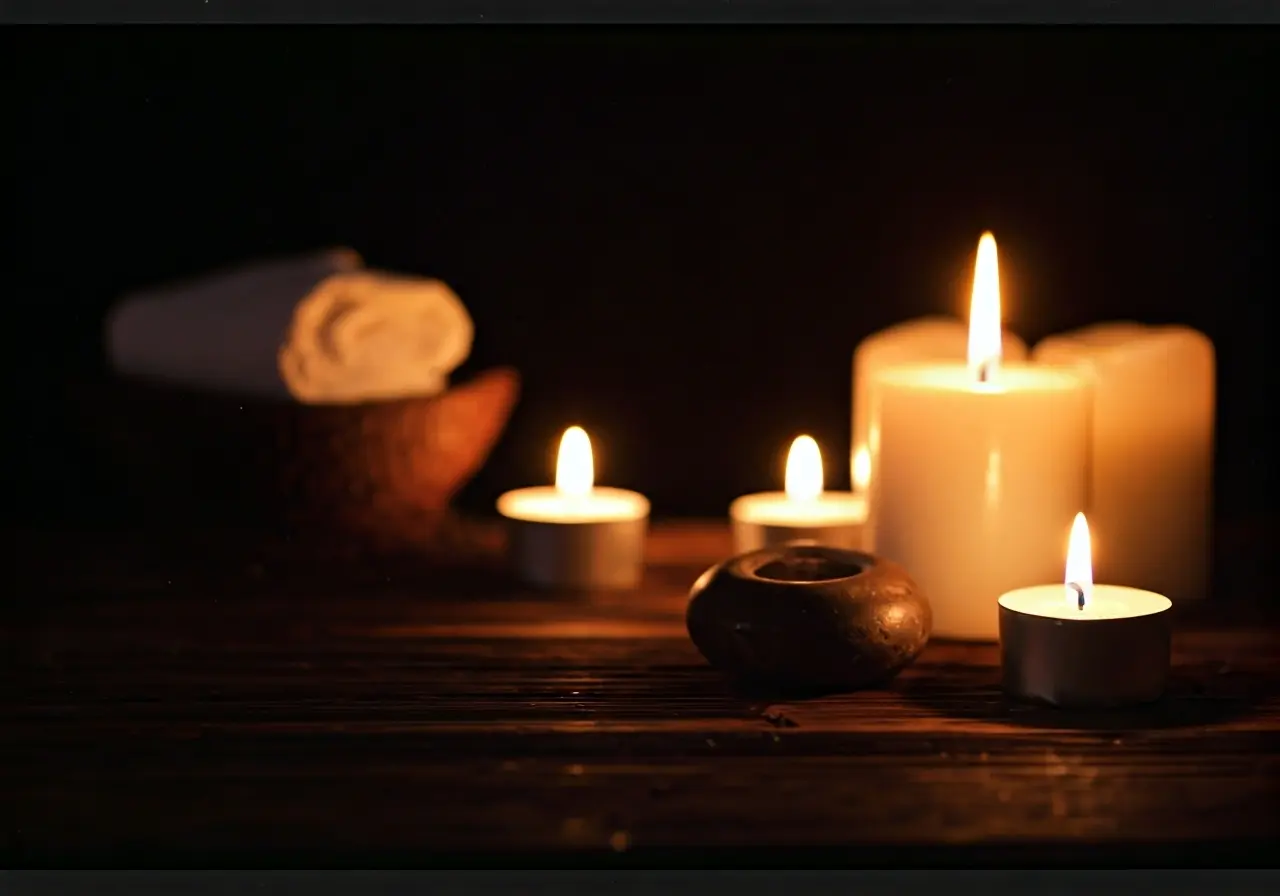 A serene spa setting with candles and soft lighting. 35mm stock photo