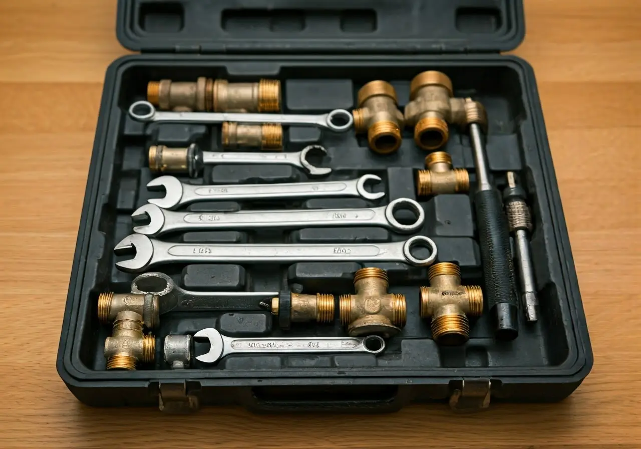 A toolbox with various plumbing wrenches and fittings. 35mm stock photo