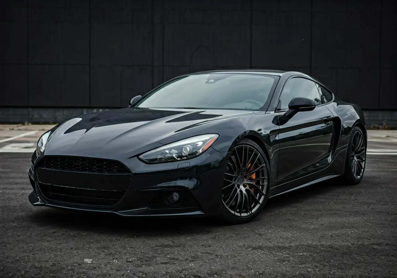 A sleek car with a high-gloss ceramic-coated finish. 35mm stock photo