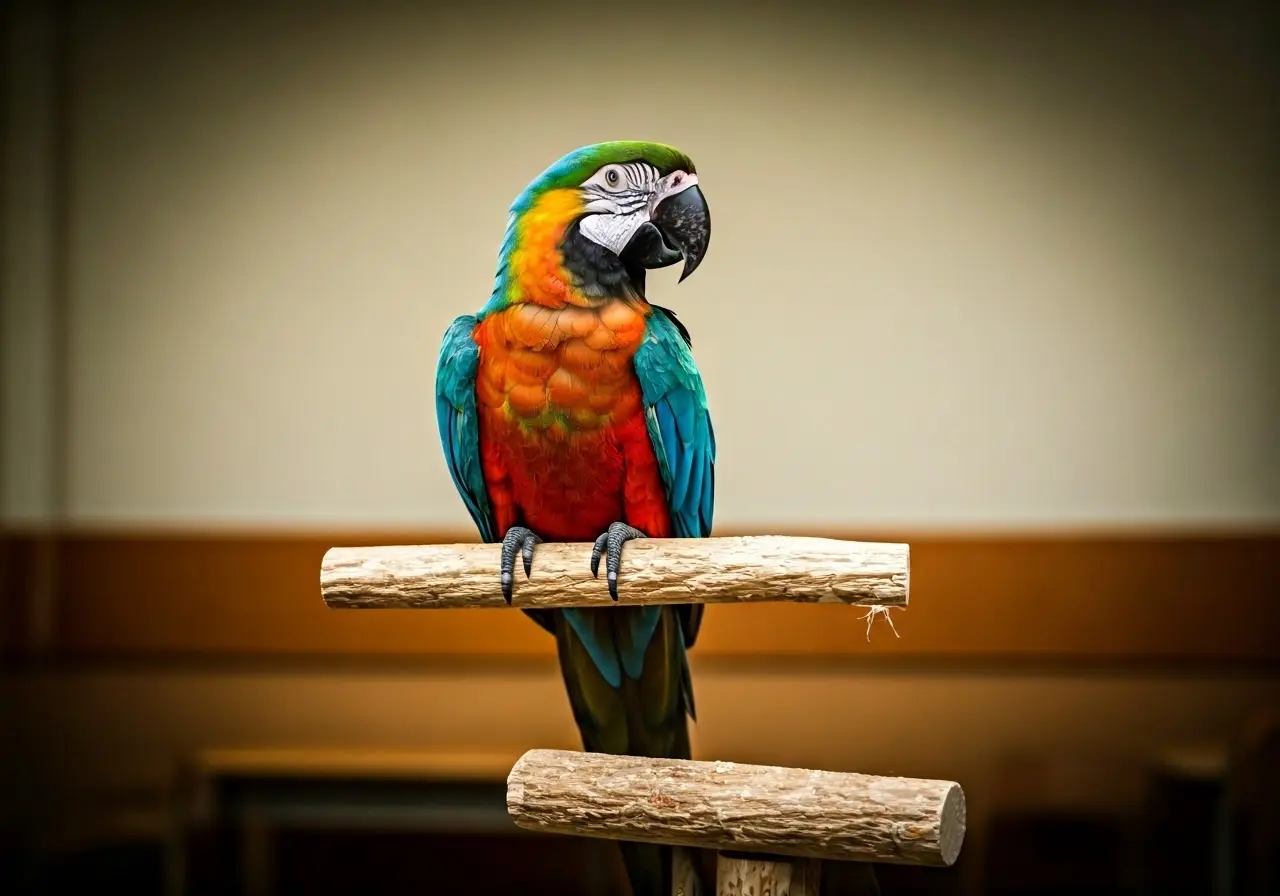 A colorful parrot perched on a stick in a classroom. 35mm stock photo