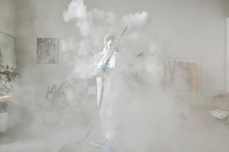 Person wearing PPE suit fogging a room for disinfection. Indoor safety measures.