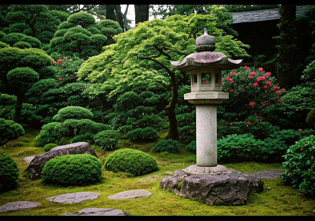 A serene garden with a traditional Japanese stone lantern. 35mm stock photo