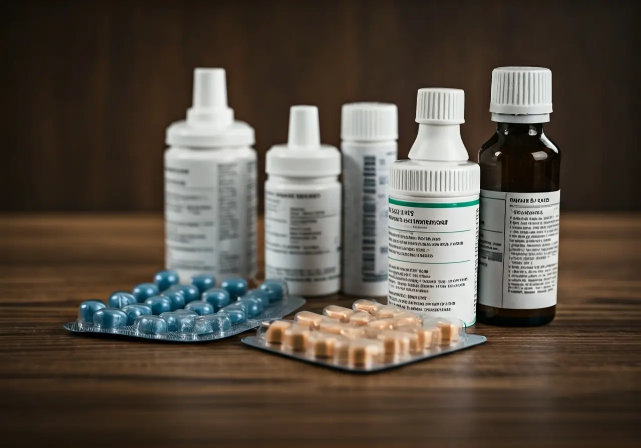 A serene image of labeled medications on a wooden countertop. 35mm stock photo