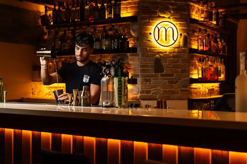 A bartender expertly mixing drinks in a stylish, dimly lit bar setting, creating a warm and inviting atmosphere.