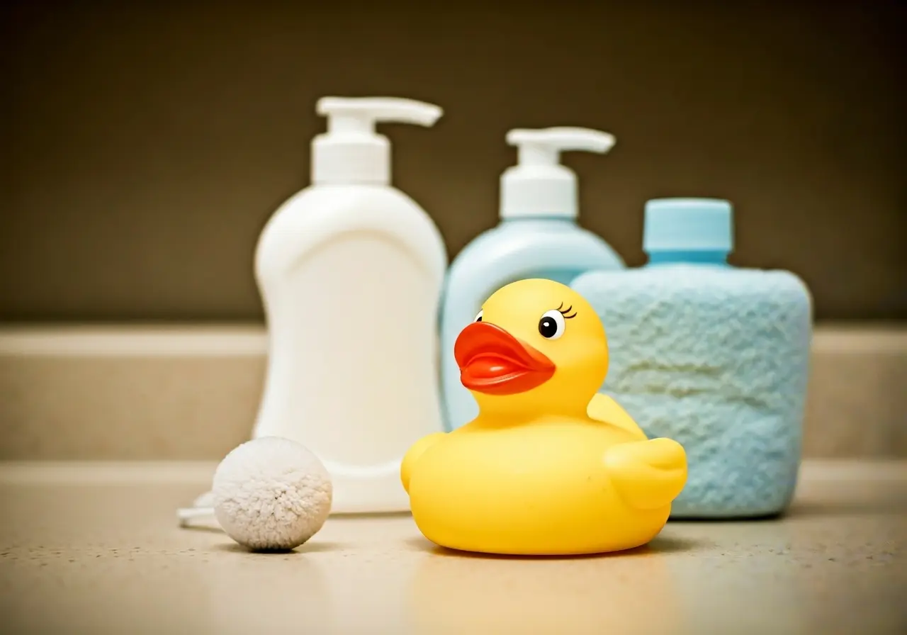 A rubber duck and baby bath essentials on a countertop. 35mm stock photo