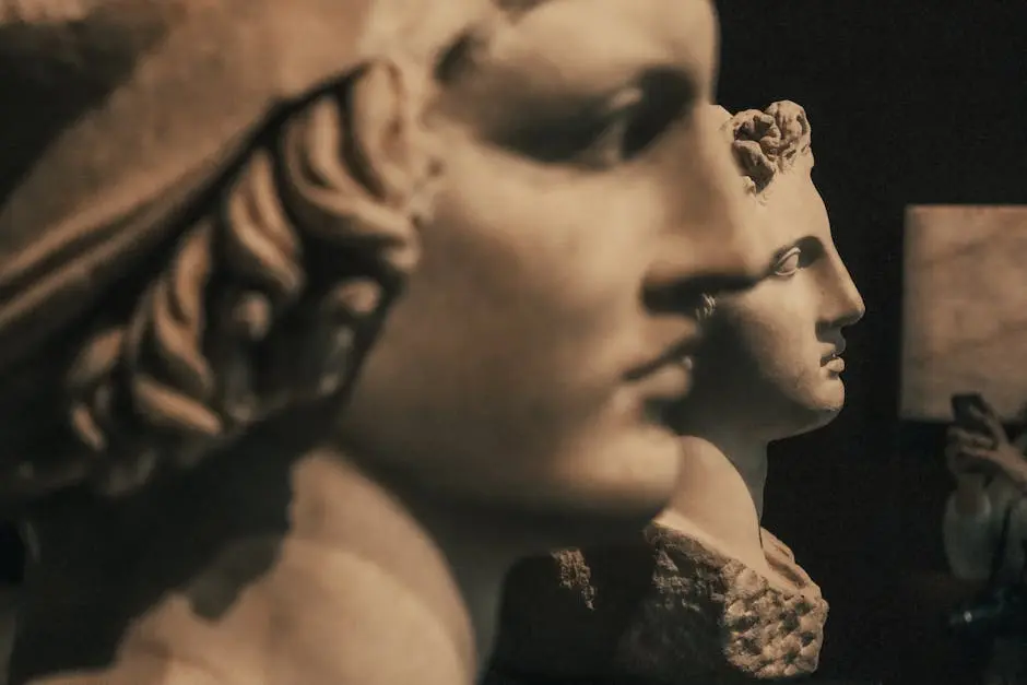 Detailed view of classical stone sculptures highlighting artistic craft in a museum setting.