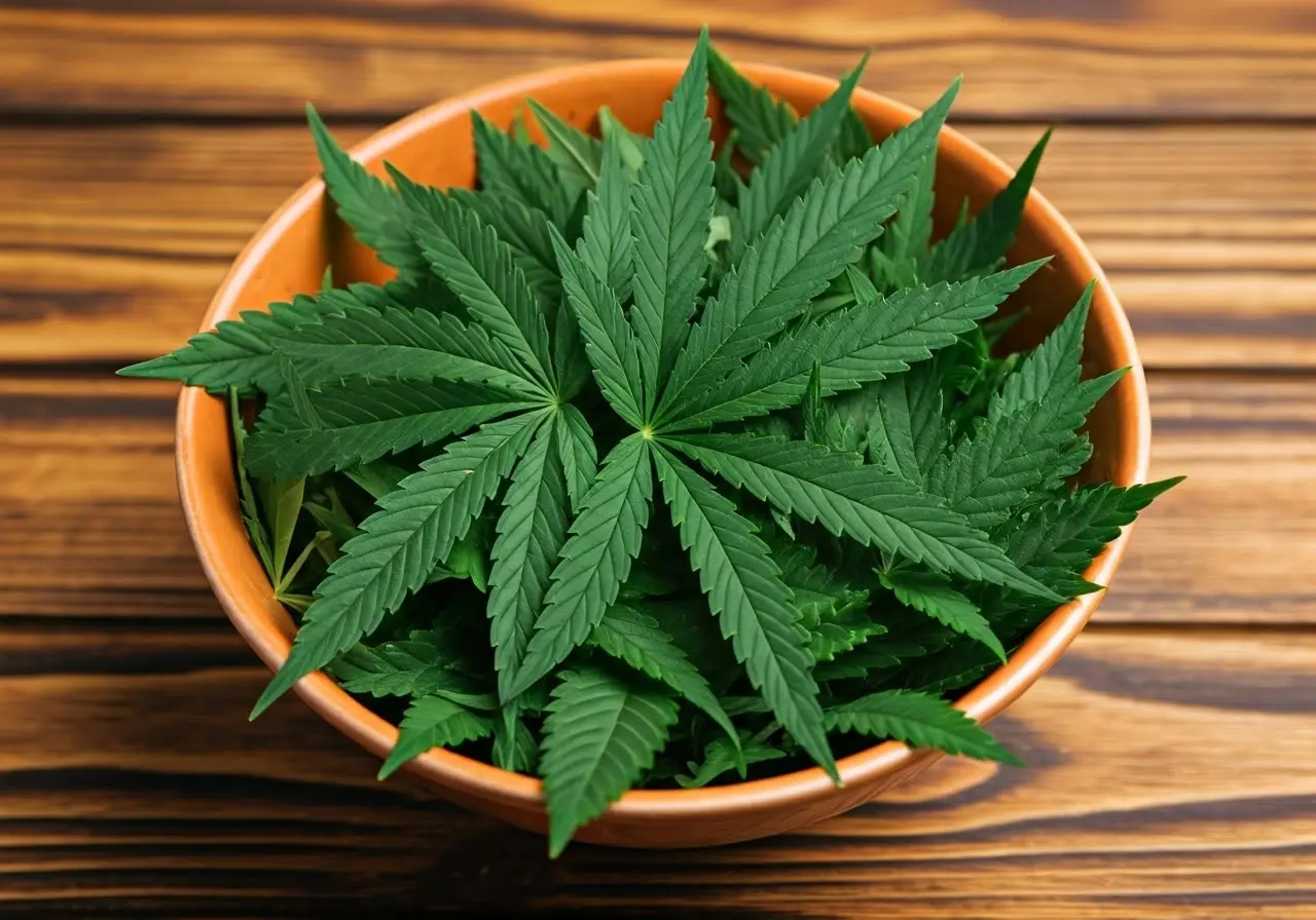 A bowl of fresh, green cannabis leaves on wooden surface. 35mm stock photo