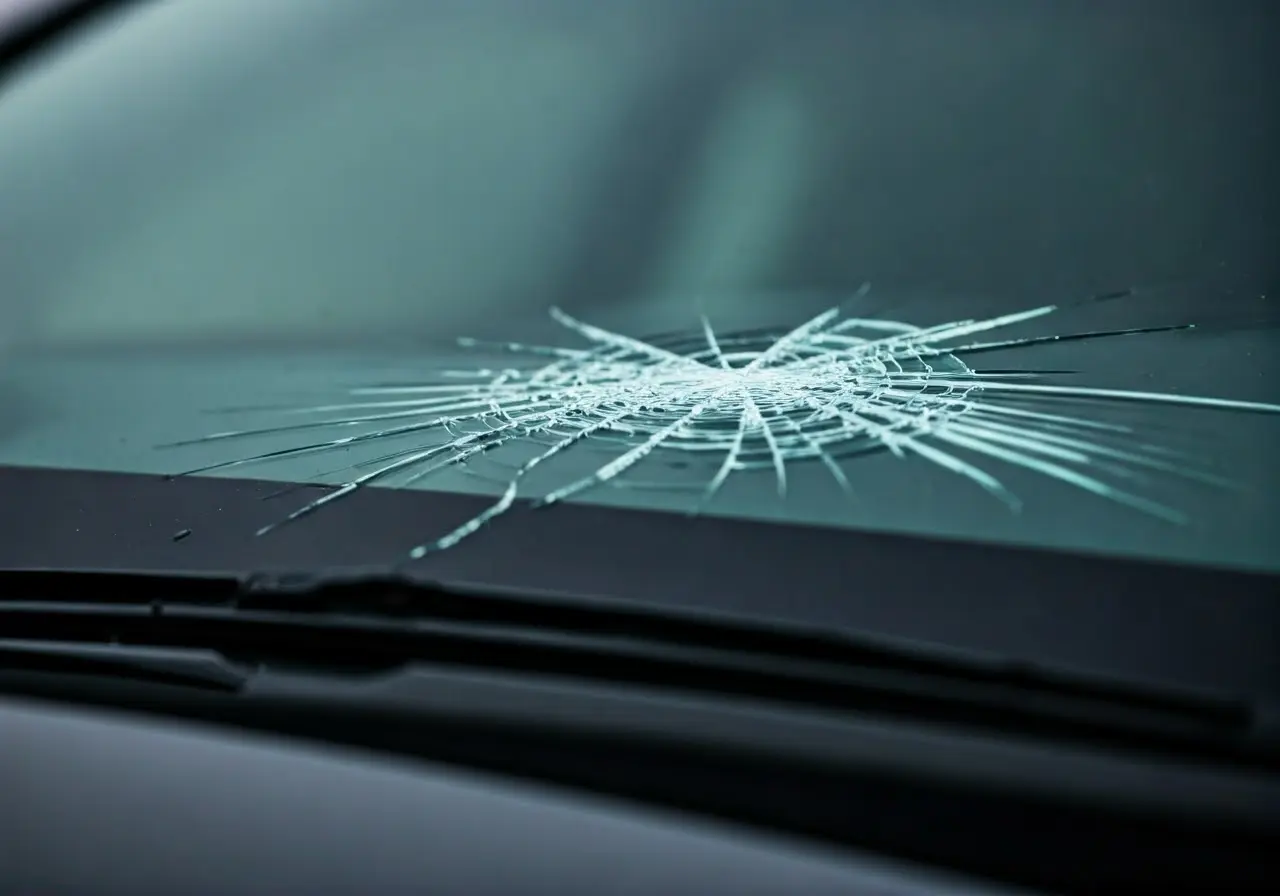 A close-up of a chip on a car windshield. 35mm stock photo