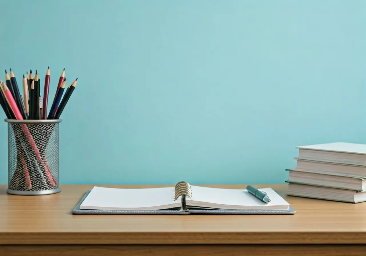 A serene office desk with a neatly organized planner. 35mm stock photo