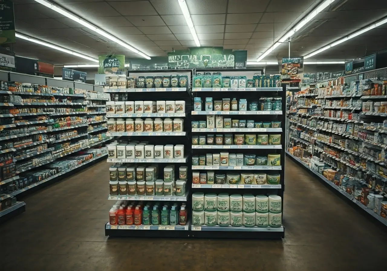 Brightly lit convenience store aisle with THC-A products displayed. 35mm stock photo