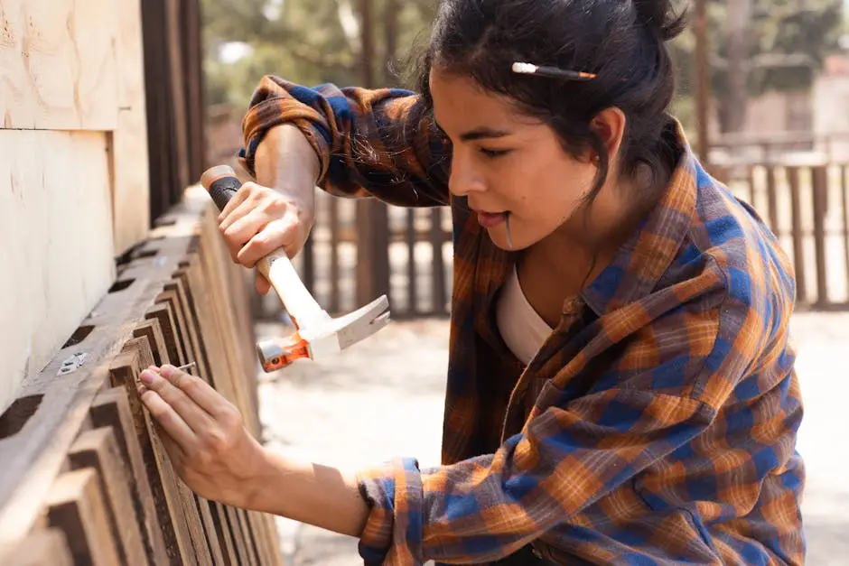 Young woman carpenter uses hammer to fix wooden fence outdoors.