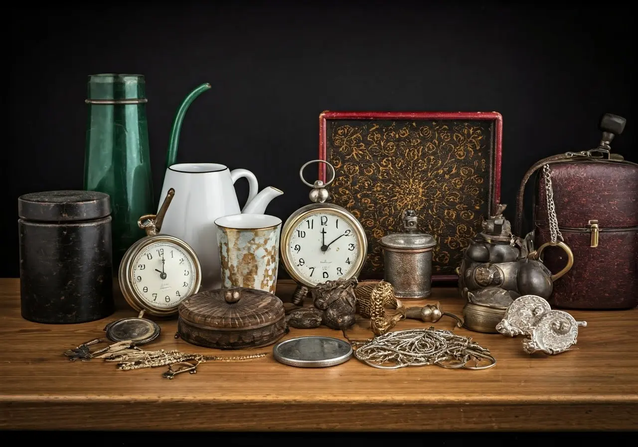 A variety of valuable vintage items displayed on a table. 35mm stock photo