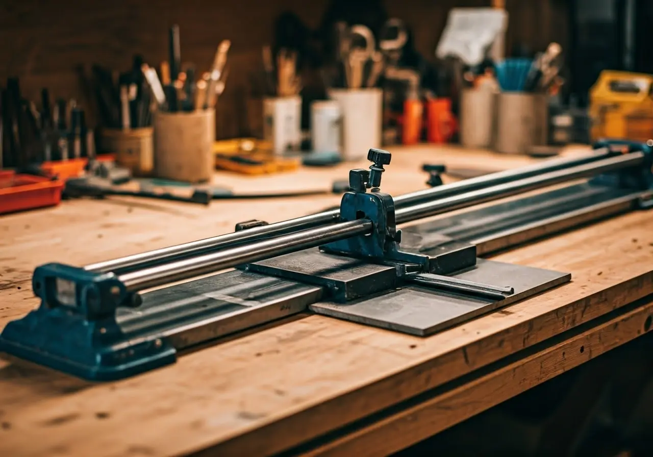 A high-quality tile cutter on a clean, organized workbench. 35mm stock photo