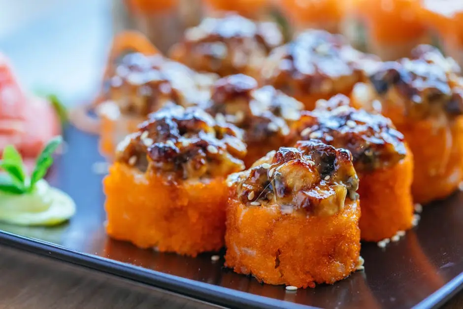 Delicious sushi rolls topped with flavorful sauce, perfect for a gourmet meal, highlighting culinary arts.