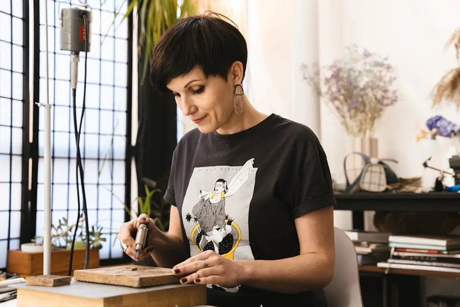 Focused woman using tools in a cozy artisan studio to create handmade jewelry.