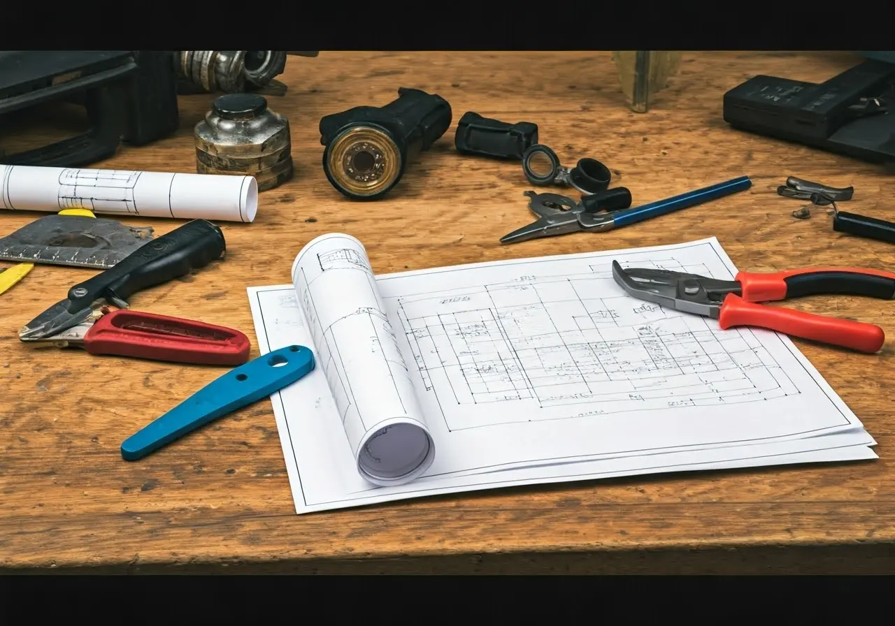 Blueprints and tools on a wooden workbench. 35mm stock photo