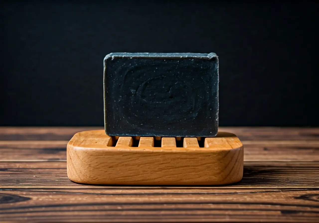 A bar of black soap on a wooden soap dish. 35mm stock photo