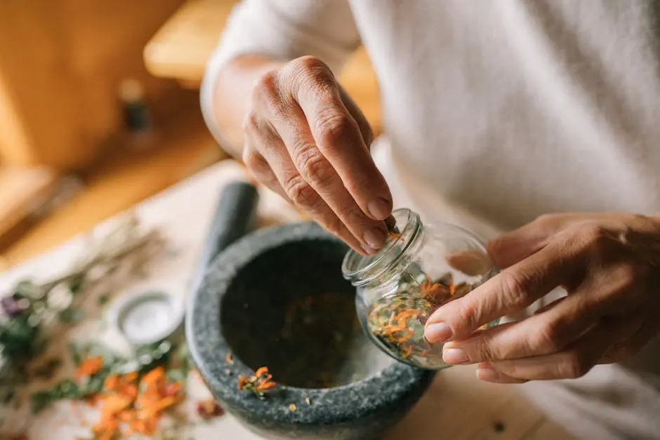 A person preparing dried herbs with a mortar and glass jar on a wooden table.