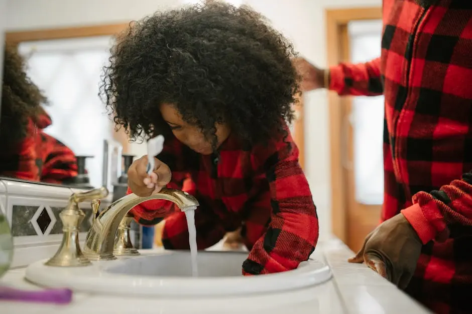 A father helps his daughter brush her teeth at the bathroom sink, highlighting family routines.