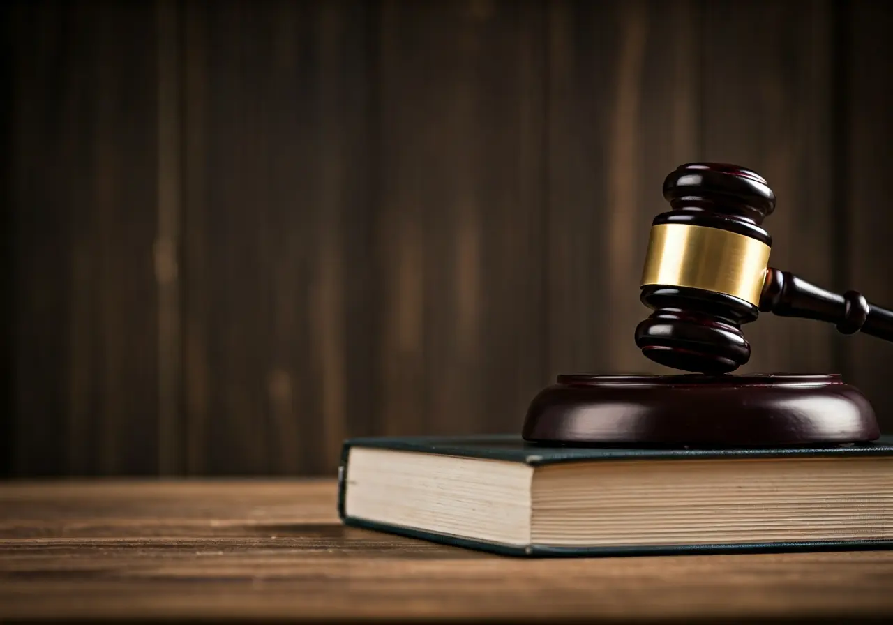 A gavel resting on a law book in an office. 35mm stock photo