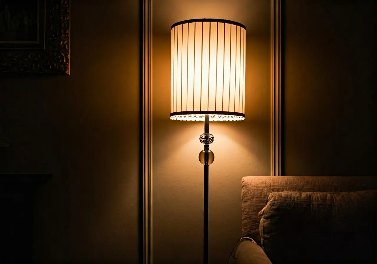 A cozy living room with an elegant, stylish floor lamp. 35mm stock photo