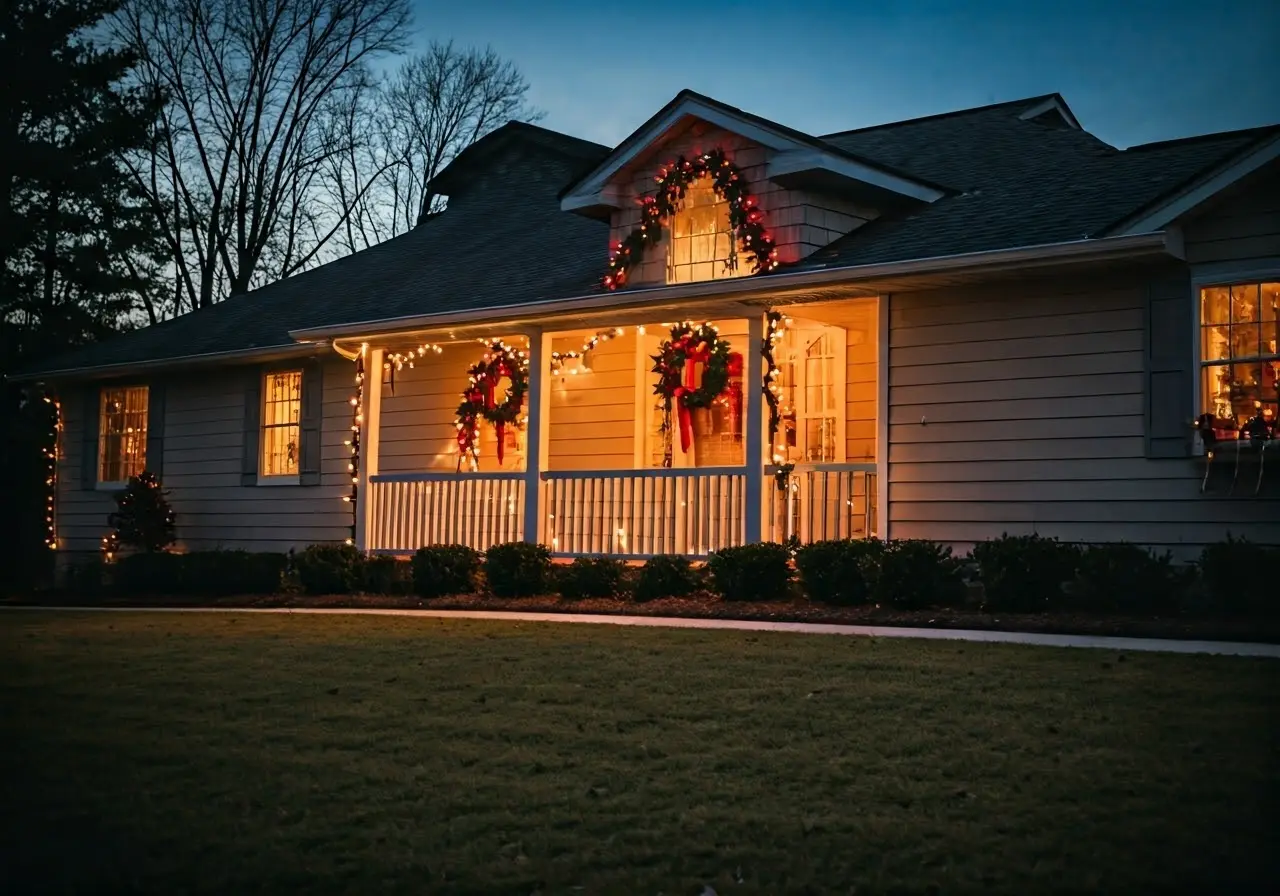 A cozy Northwest Arkansas home with holiday decorations and lights. 35mm stock photo