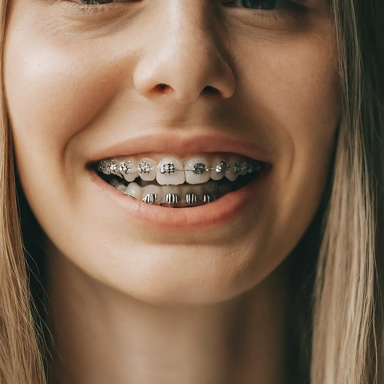 A close-up of clear adult orthodontic braces on teeth. 35mm stock photo