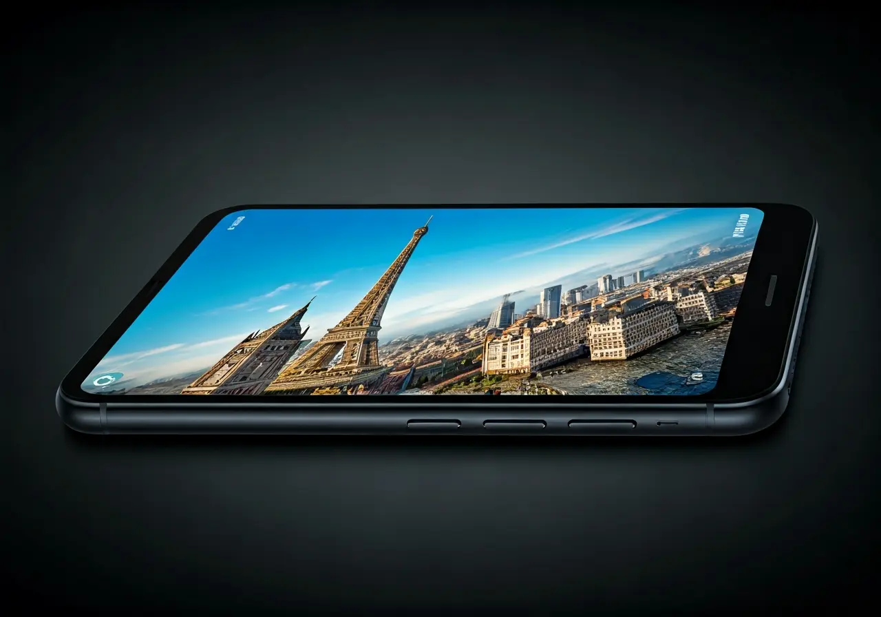 A smartphone displaying a vibrant app interface with landmarks. 35mm stock photo