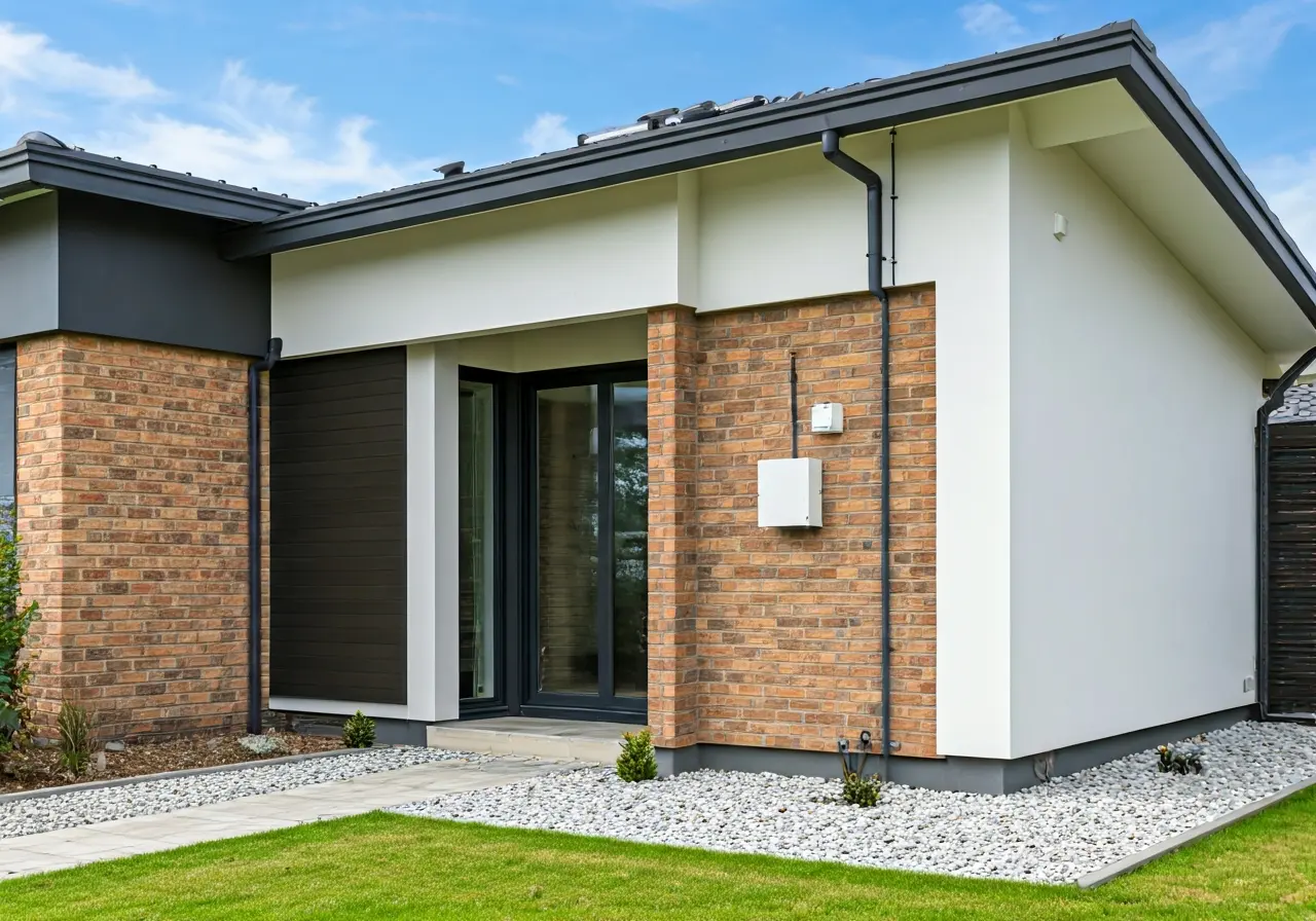 A modern home exterior with visible security system components. 35mm stock photo