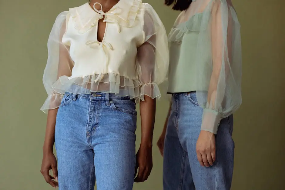Two women wearing sheer blouses and denim jeans, embodying chic style.