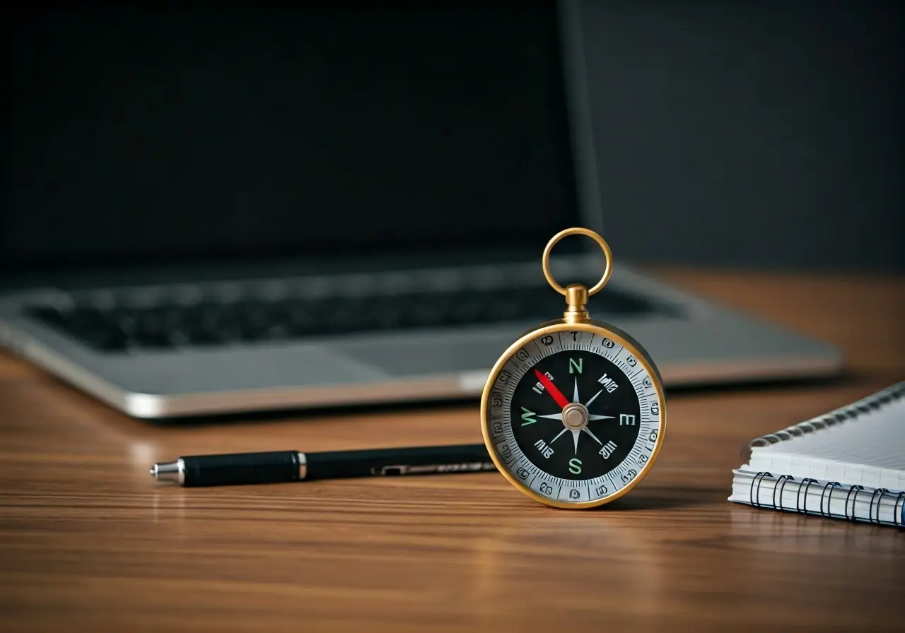 A compass on a desk with a laptop and notebook. 35mm stock photo
