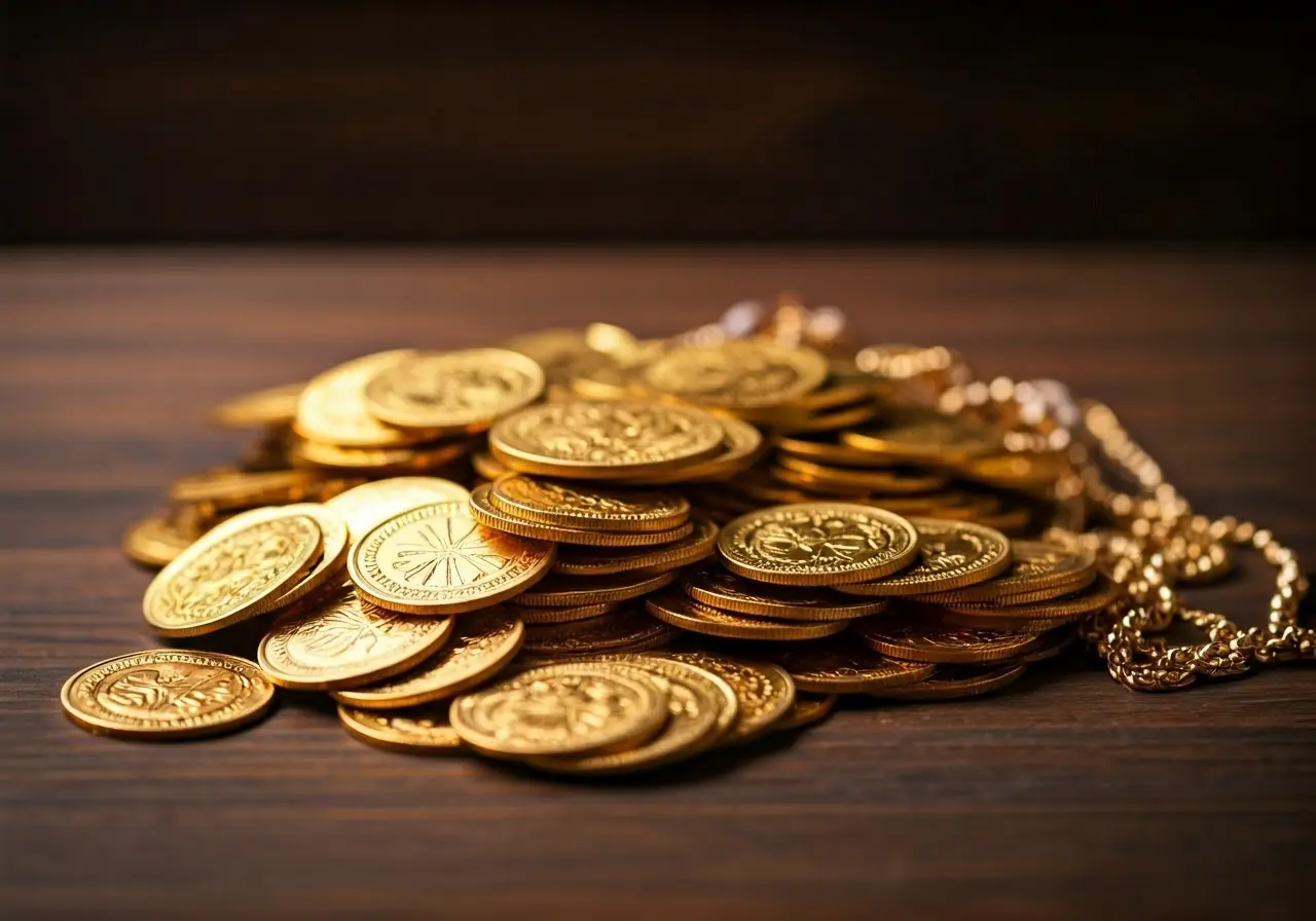 A pile of shining gold coins and jewelry on a table. 35mm stock photo