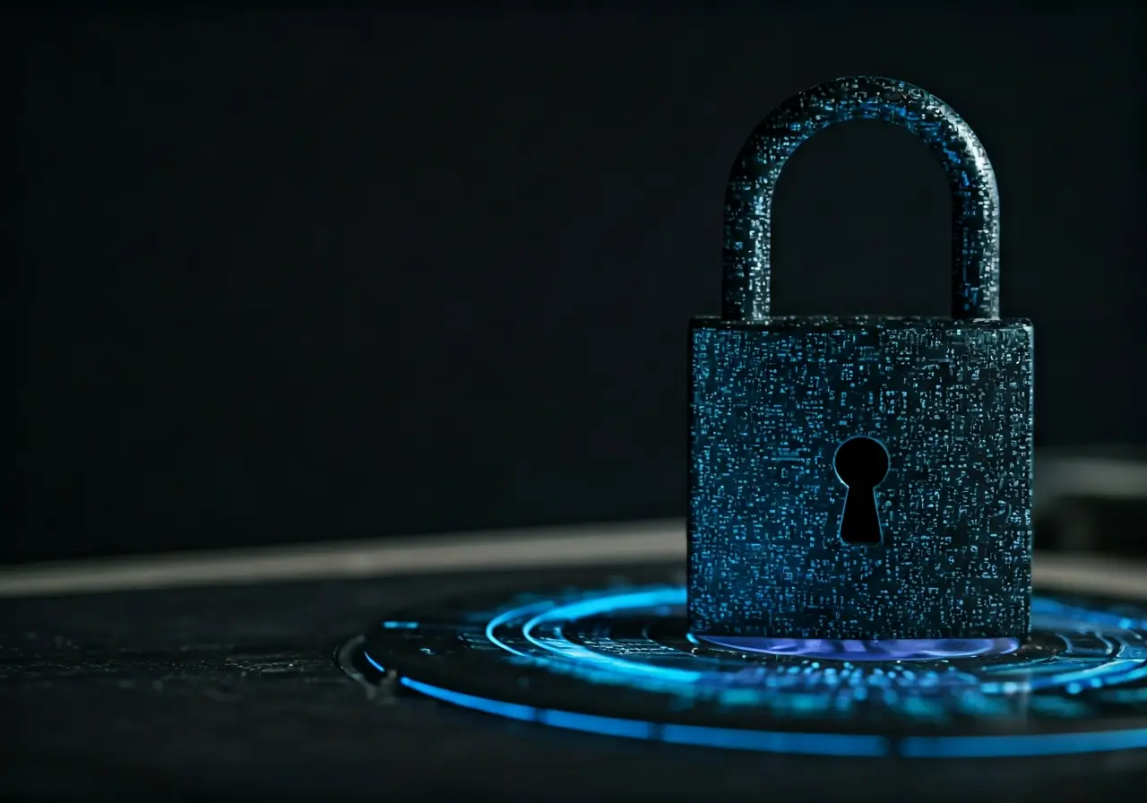 A locked digital padlock on a glowing circuit board. 35mm stock photo