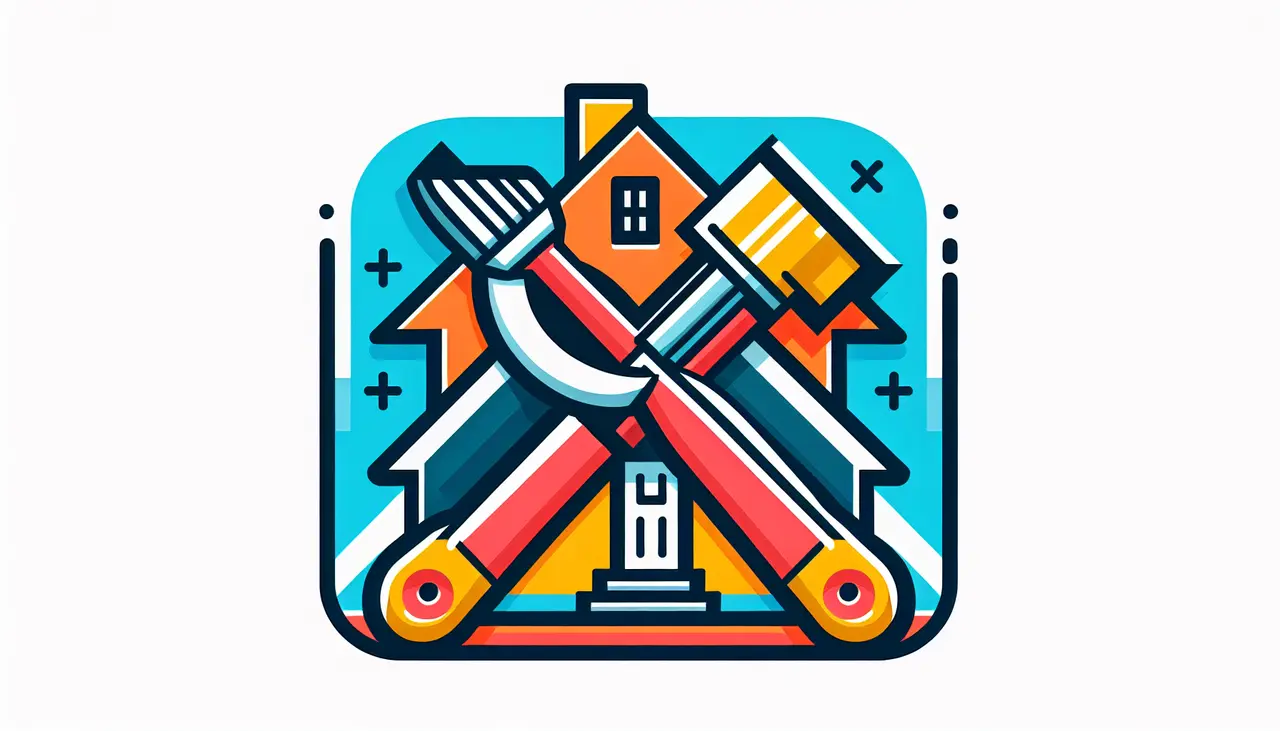 Draw a graphic in flat design style. An illustration of a house with a highlight on crossed tools like a hammer and paintbrush, symbolizing home renovation mishaps.