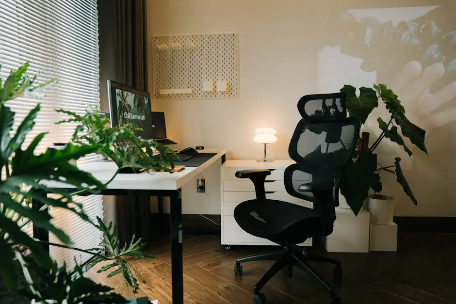 Cozy and modern home office setup with a stylish ergonomic chair, plants, and a desktop monitor.