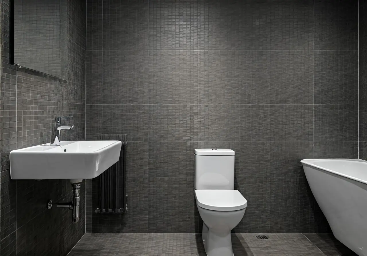 A modern bathroom with stylish fixtures and elegant tiles. 35mm stock photo