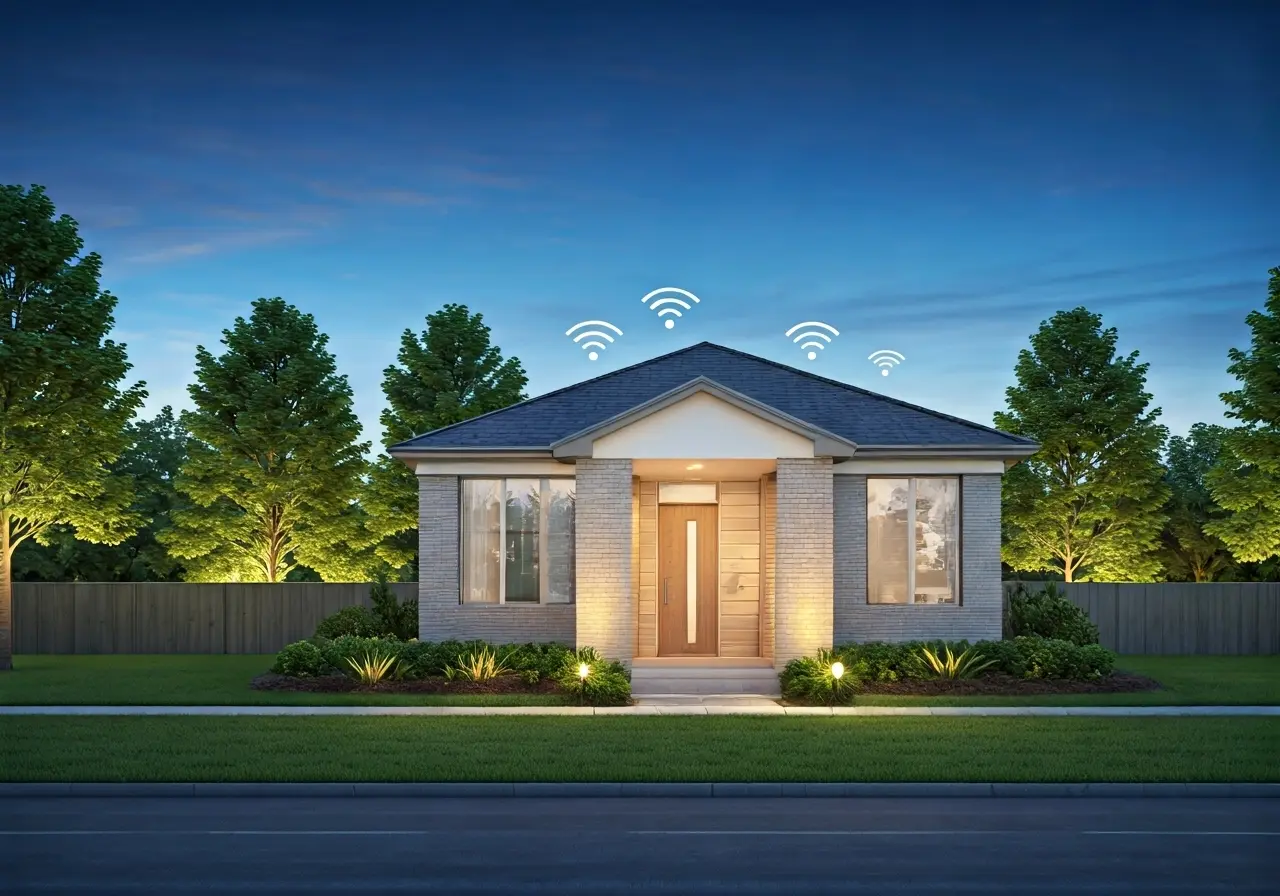 A modern smart home with connected devices and WiFi signals. 35mm stock photo